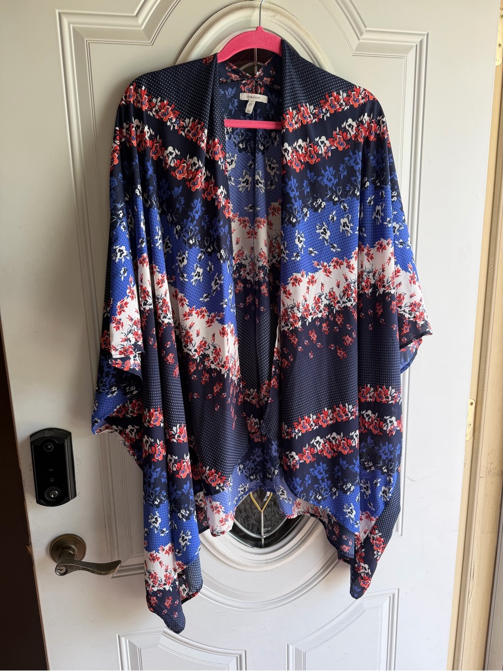 Maurices Navy Floral Open-Front Kimono with Red and White Accents